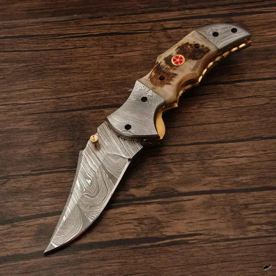Handmade Damascus Pocket Knife-Damascus Bolster Folding Knife With Ram Horn Handle - Hunt Craft Knives