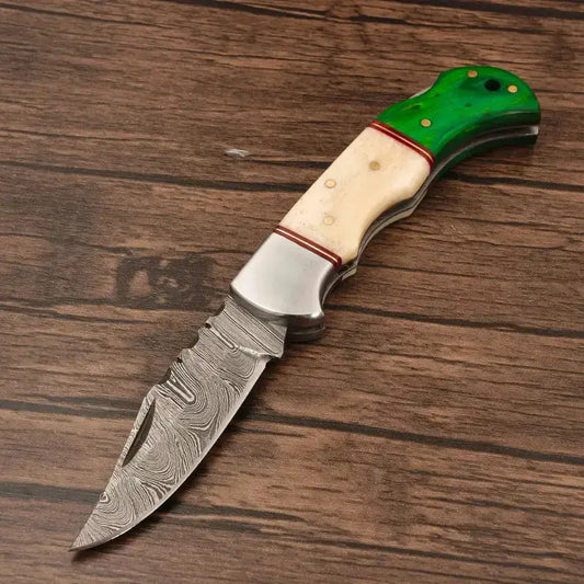 Custom Handmade Damascus Steel Hunting Folding Knife-Best Pocket Knife With Bone & Wood Handle - Hunt Craft Knives