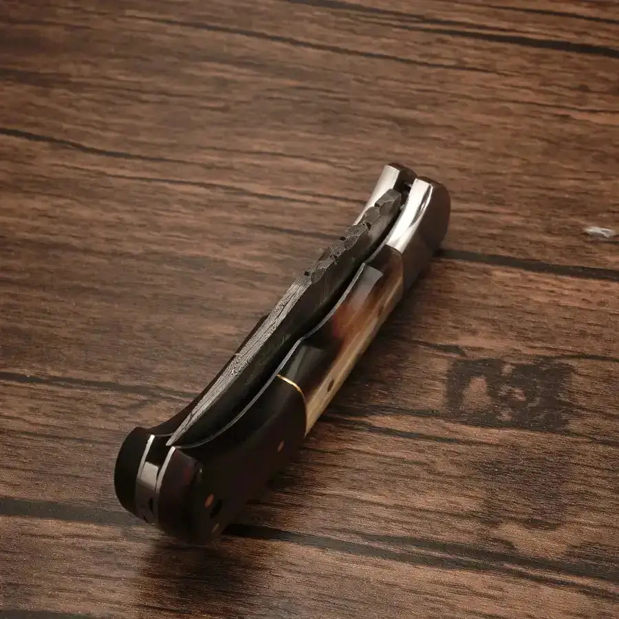 Handmade Damascus Steel Hunting Pocket Knife-Camping Folding Blade With Horn & Rose Wood Handle - Hunt Craft Knives