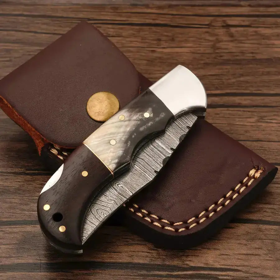 Handmade Damascus Steel Hunting Pocket Knife-Camping Folding Blade With Horn & Rose Wood Handle - Hunt Craft Knives