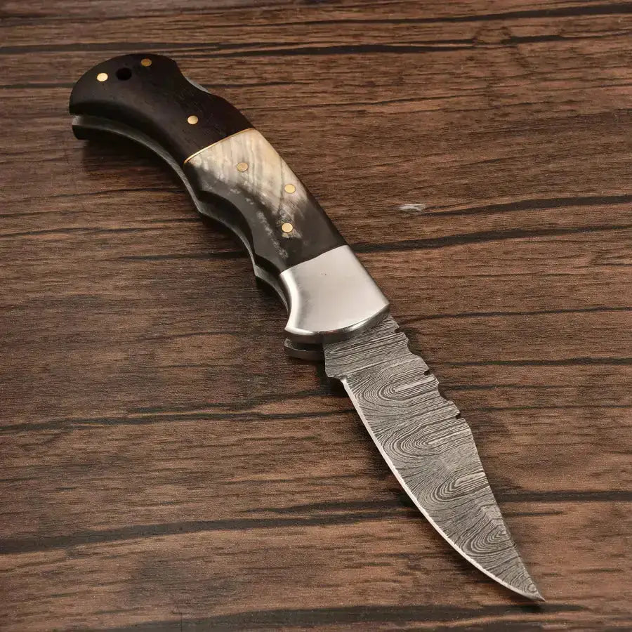 Handmade Damascus Steel Hunting Pocket Knife-Camping Folding Blade With Horn & Rose Wood Handle - Hunt Craft Knives