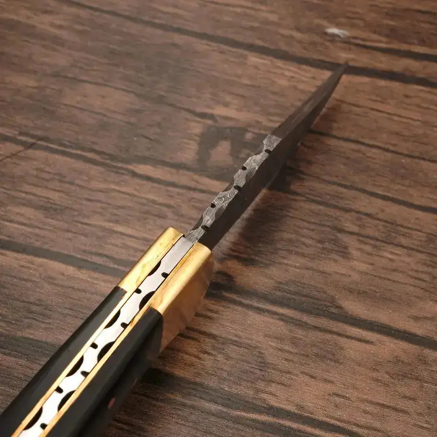 Handmade Damascus Steel Hunting Pocket Knife - Camping Folding Blade With Brass Bolster - Hunt Craft Knives