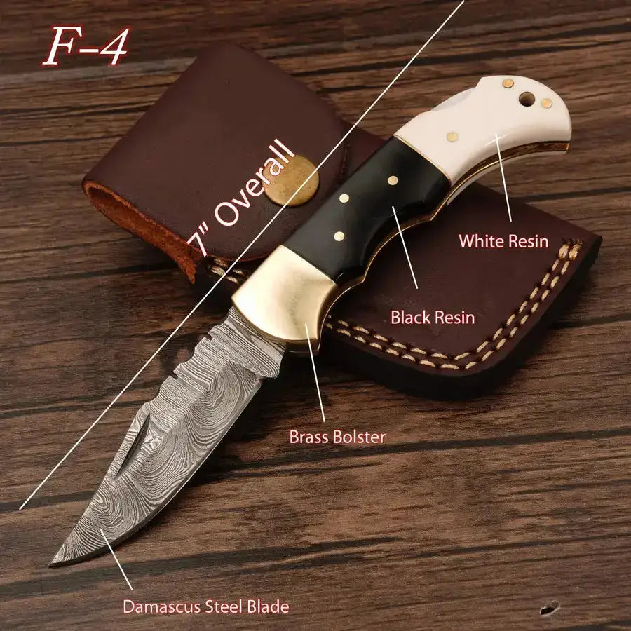Handmade Damascus Steel Hunting Pocket Knife - Camping Folding Blade With Brass Bolster - Hunt Craft Knives