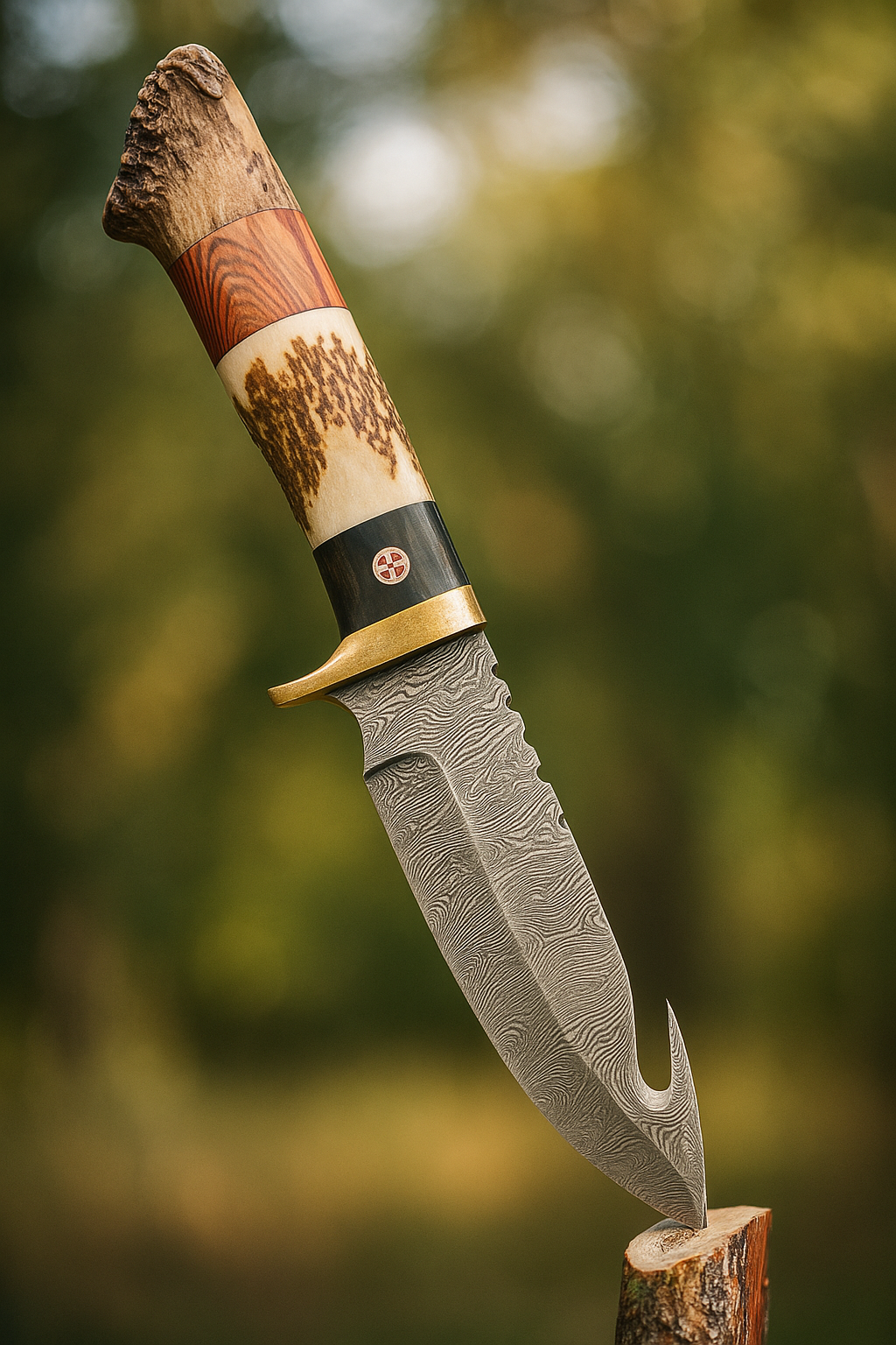 10" Handmade Damascus Steel Gut hook hunting Skinner Knife W/ Stag Horn & Wood Handle | Deer skinning knife