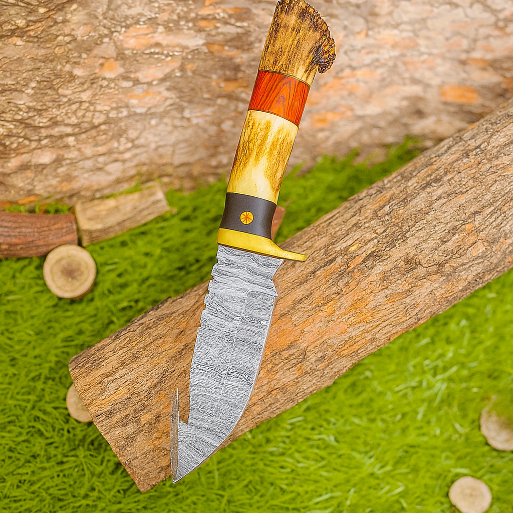 10" Handmade Damascus Steel Gut hook hunting Skinner Knife W/ Stag Horn & Wood Handle | Deer skinning knife