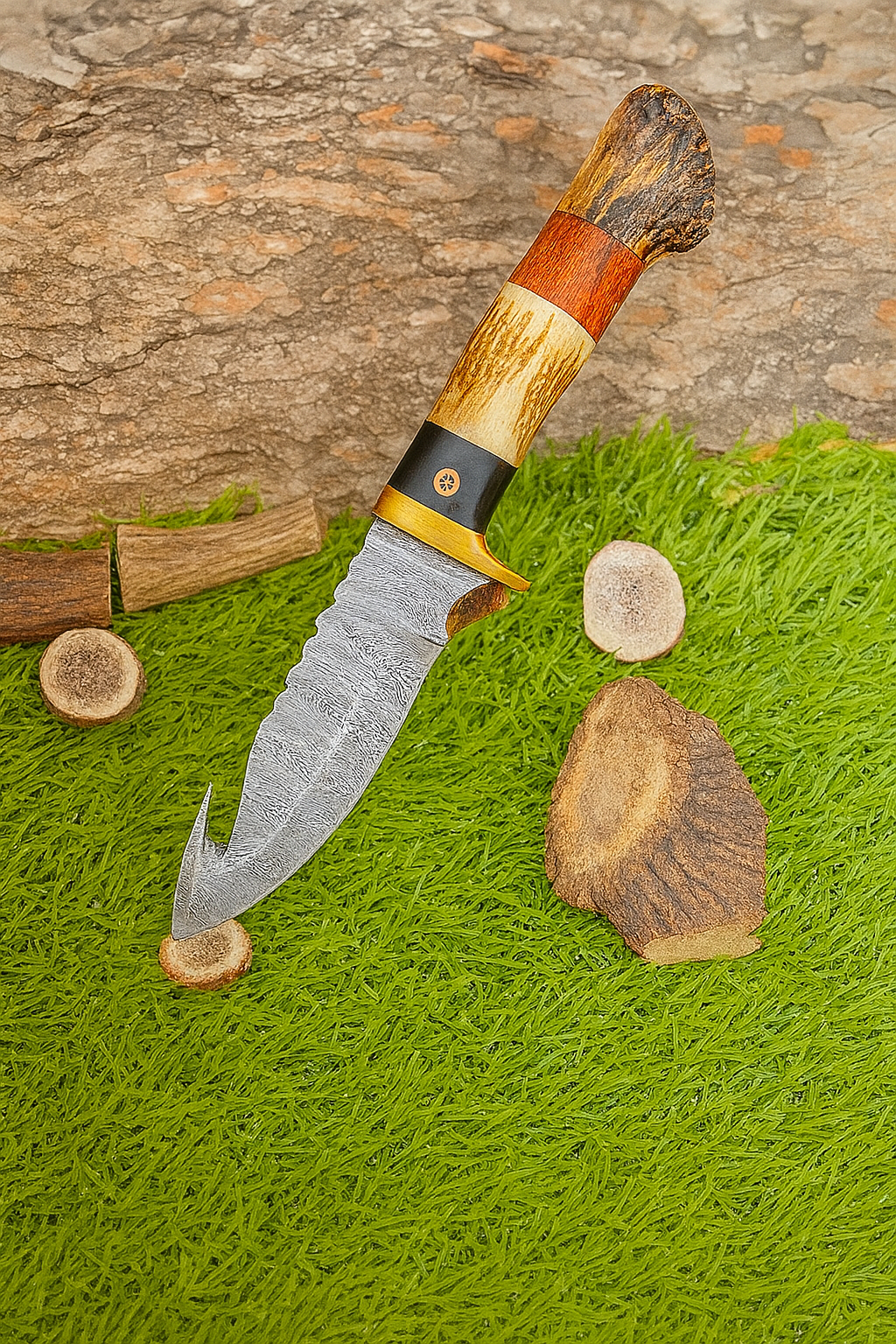 10" Handmade Damascus Steel Gut hook hunting Skinner Knife W/ Stag Horn & Wood Handle | Deer skinning knife