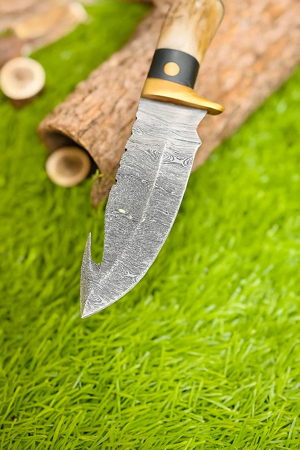 10" Handmade Damascus Steel Gut hook hunting Skinner Knife W/ Stag Horn & Wood Handle | Deer skinning knife