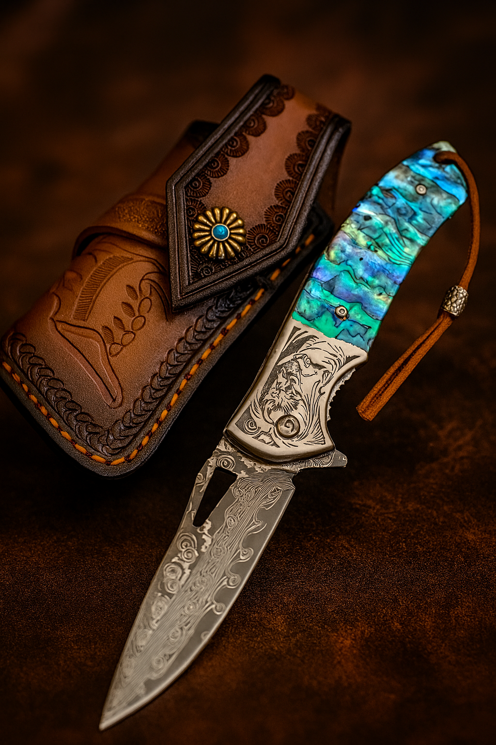7.8" Damascus Steel EDC Folding Knife with Iridescent Abalone Shell Resin Handle | VG 10 Steel Blade