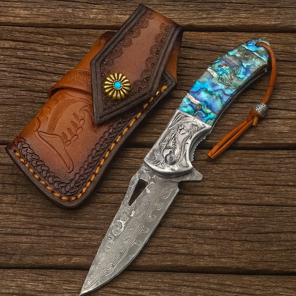 7.8" Damascus Steel EDC Folding Knife with Iridescent Abalone Shell Resin Handle | VG 10 Steel Blade