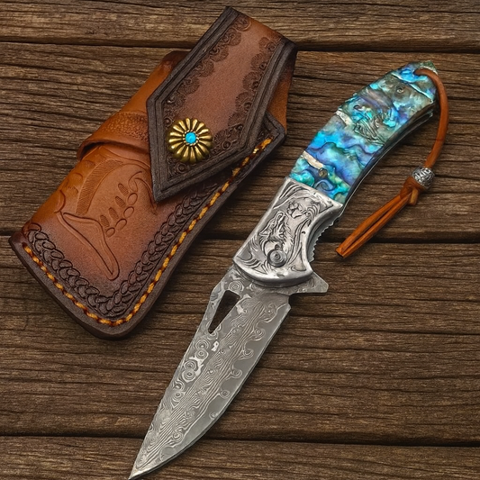 7.8" Damascus Steel EDC Folding Knife with Iridescent Abalone Shell Resin Handle | VG 10 Steel Blade