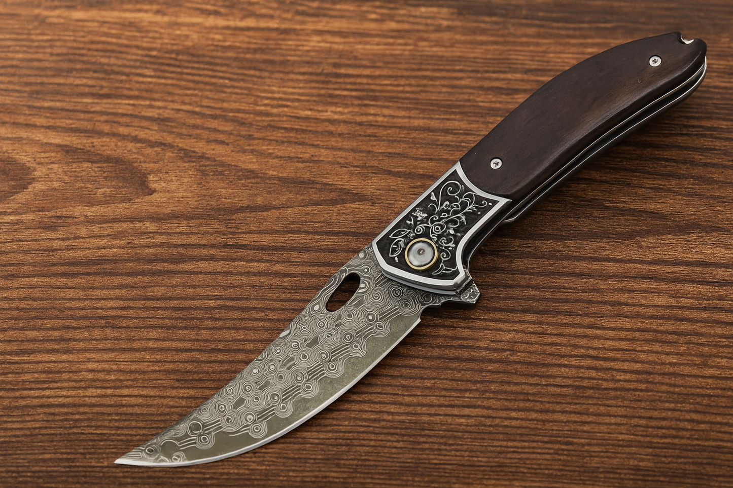 Custom Handmade Damascus Steel Pocket Knife with Brown Wood Handle & Engraved Bolster