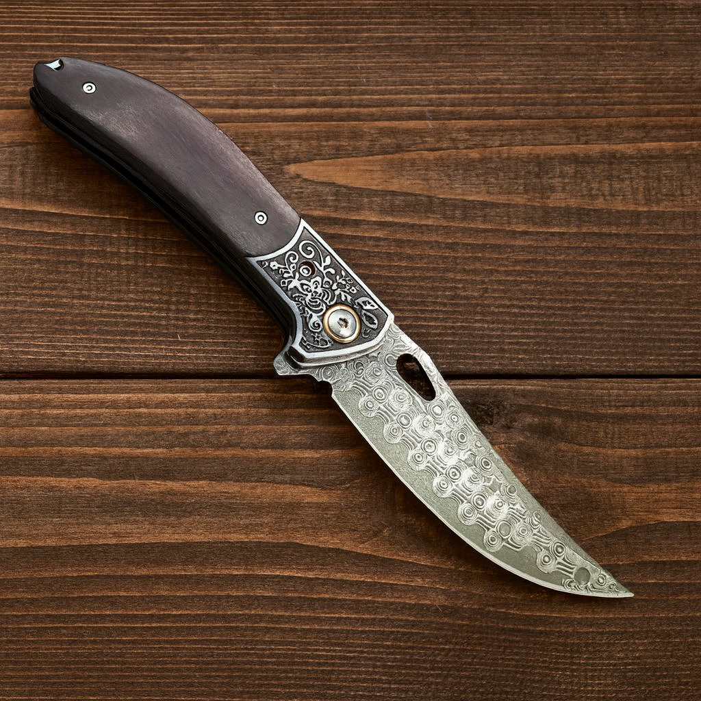 Custom Handmade Damascus Steel Pocket Knife with Brown Wood Handle & Engraved Bolster