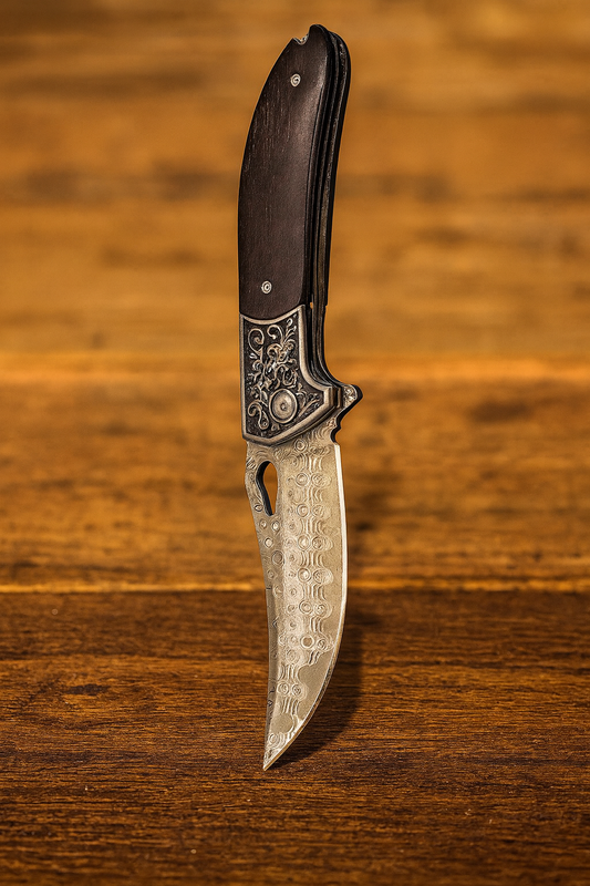 Custom Handmade Damascus Steel Pocket Knife with Brown Wood Handle & Engraved Bolster