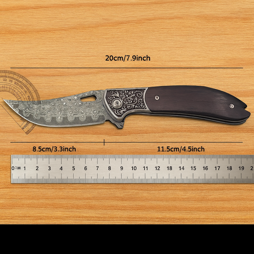 Custom Handmade Damascus Steel Pocket Knife with Brown Wood Handle & Engraved Bolster