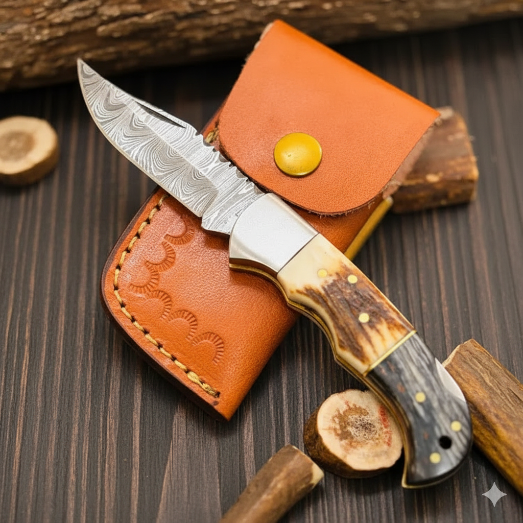Handmade Forged Damascus Steel Folding Pocket Knife-Stag Horn & Pakka Wood Handle