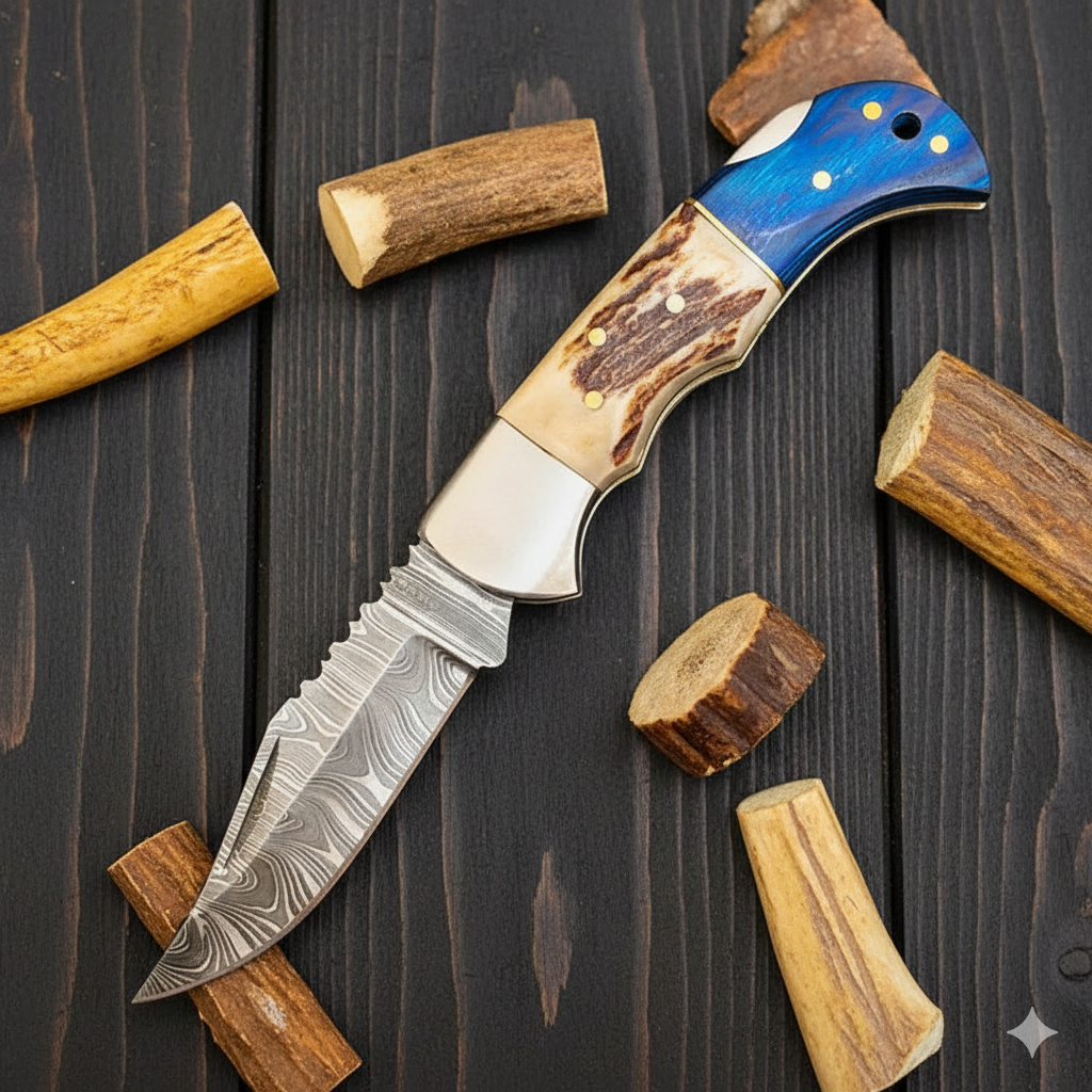 Handmade forged Damascus Steel Folding Pocket Knife EDC-Stag Horn Handle