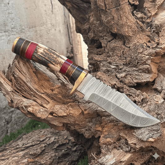 Custom Hand Forged Damascus Steel Hunting knife EDC w/ Brass Guard Knife & Stag Handle