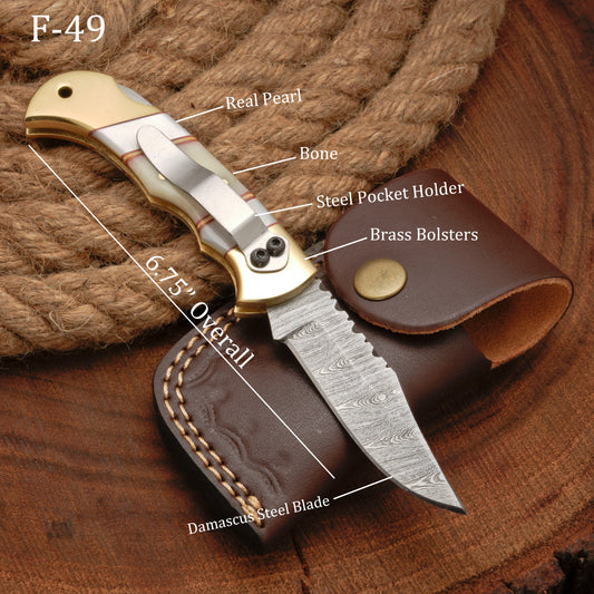 Handmade Damascus Steel Pocket Folding Knife With Real Pearl Bone And Pocket Clip