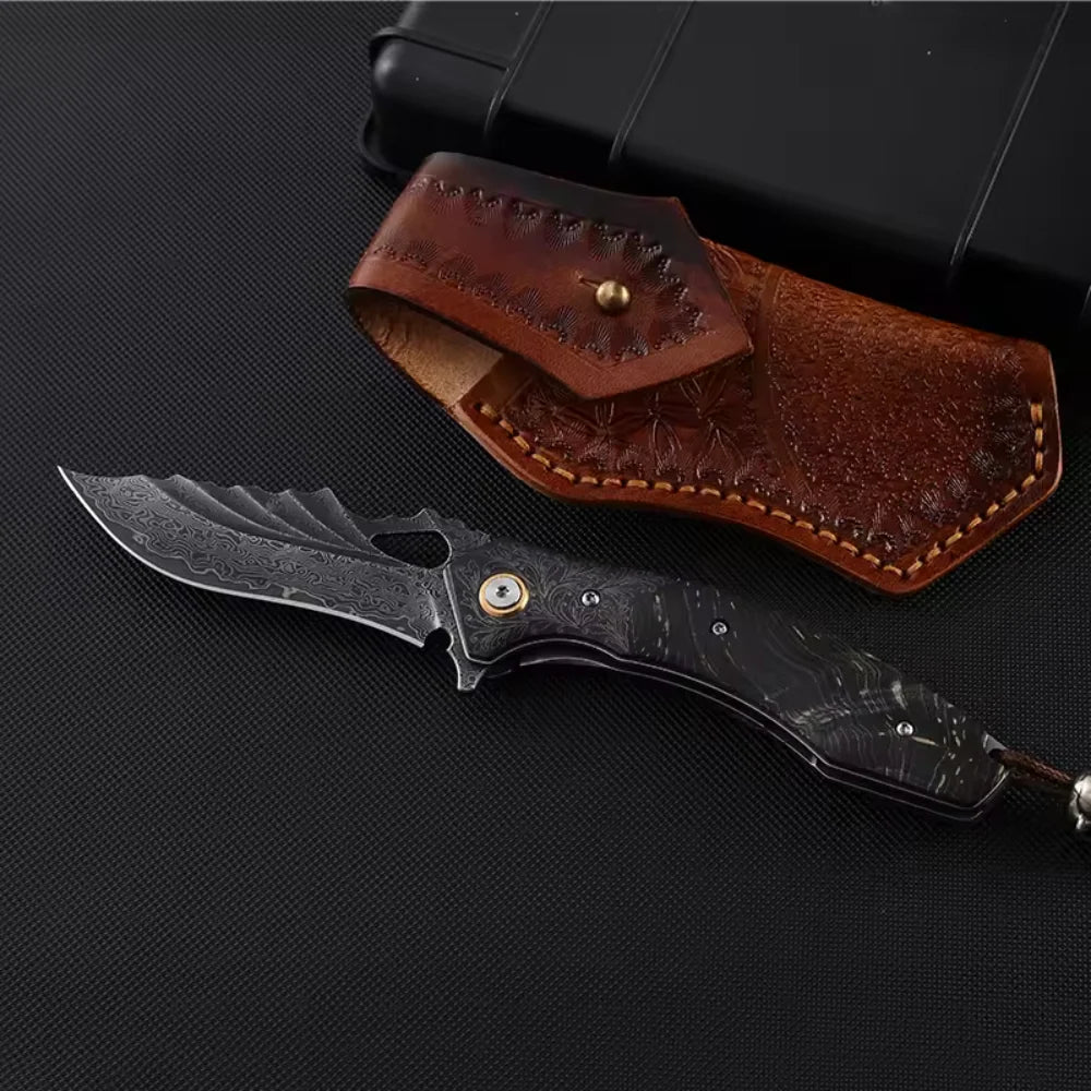 VG-10 Japanese Damascus Pocket Knife – Folding EDC Knife with Stained Maple Burl Handle