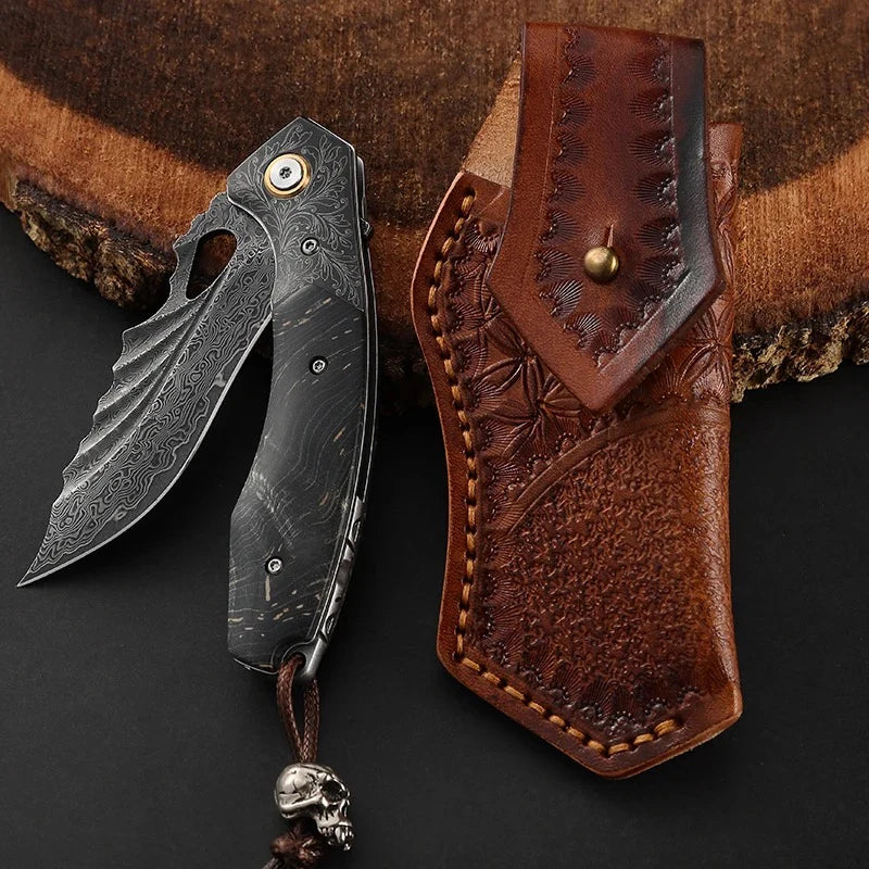 VG-10 Japanese Damascus Pocket Knife – Folding EDC Knife with Stained Maple Burl Handle