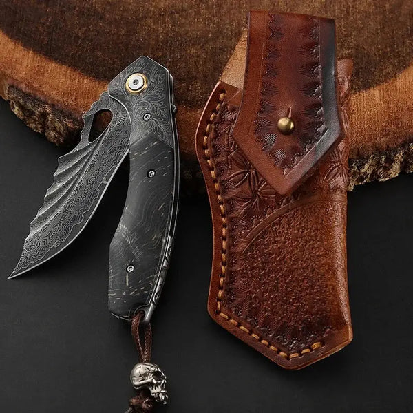 VG-10 Japanese Damascus Pocket Knife – Folding EDC Knife with Stained Maple Burl Handle