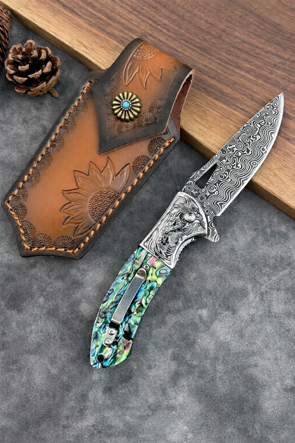 Damascus Pocket Knife with Pocket Clip & Abalone Resin Handle