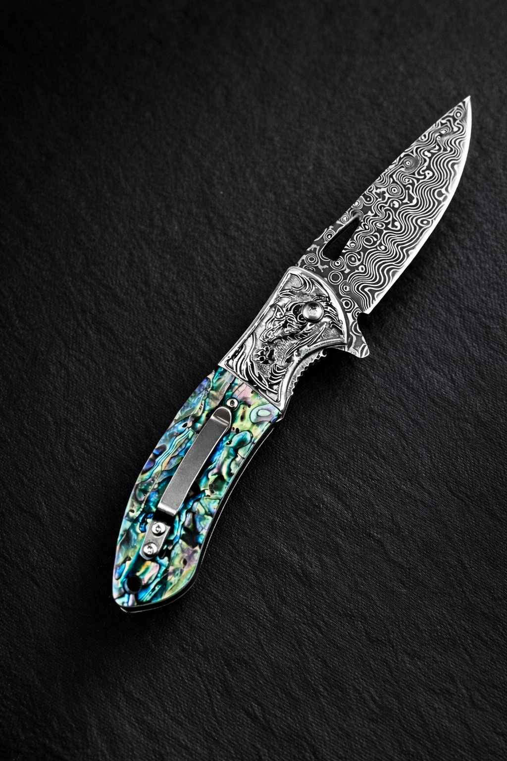 Damascus Pocket Knife with Pocket Clip & Abalone Resin Handle