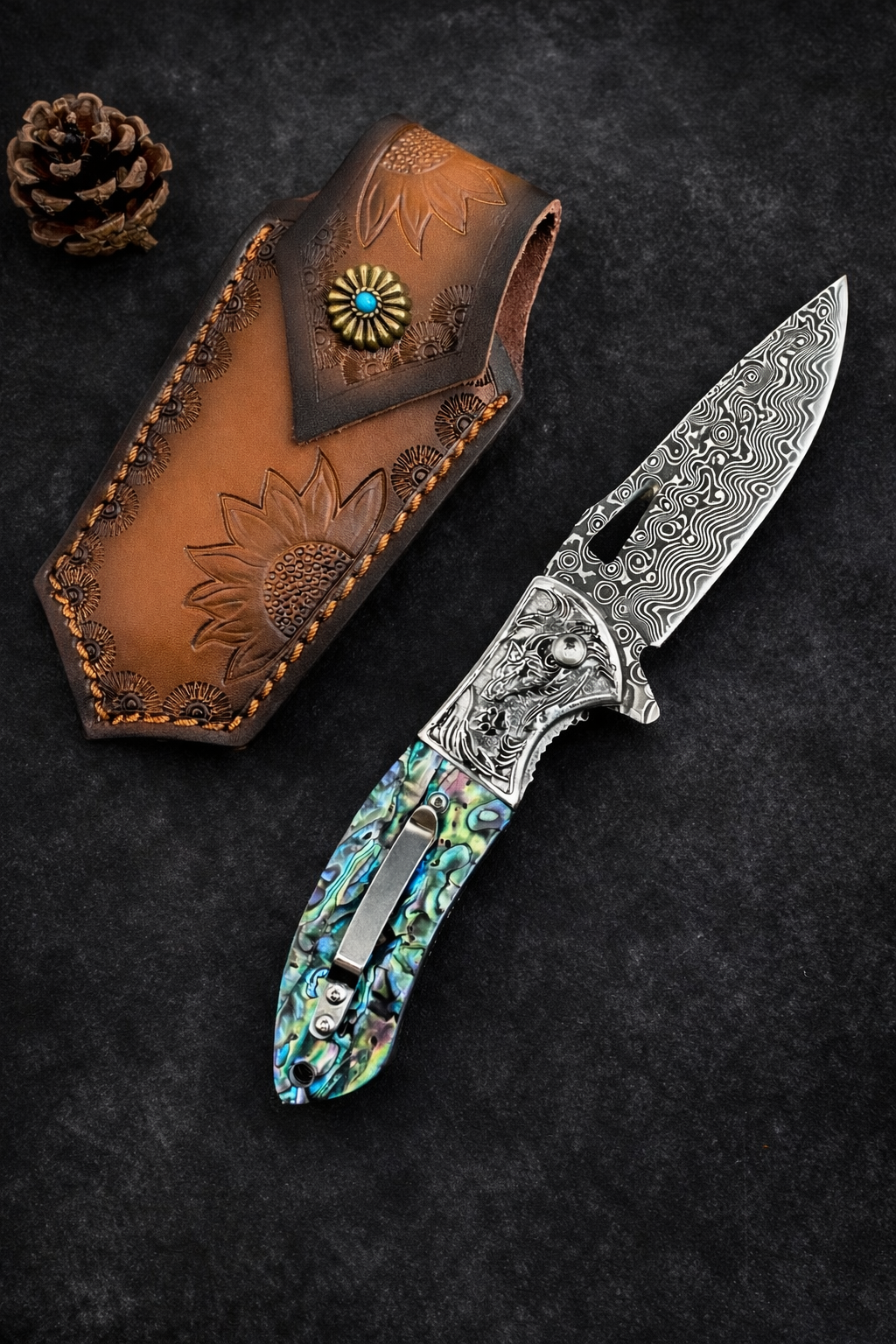 Damascus Pocket Knife with Pocket Clip & Abalone Resin Handle
