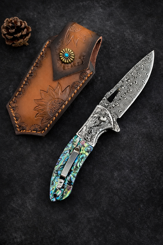 Damascus Pocket Knife with Pocket Clip & Abalone Resin Handle
