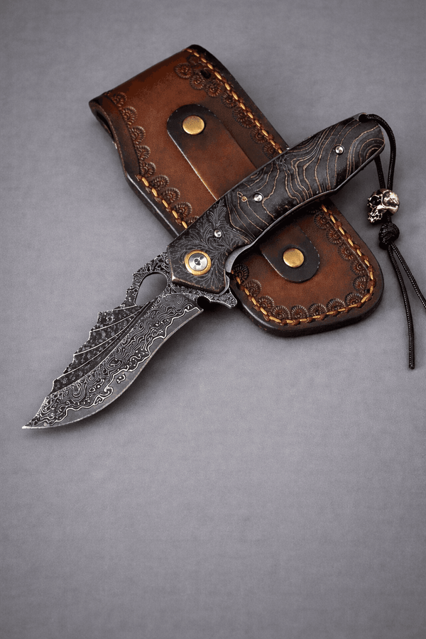 VG-10 Japanese Damascus Pocket Knife – Folding EDC Knife with Stained Maple Burl Handle