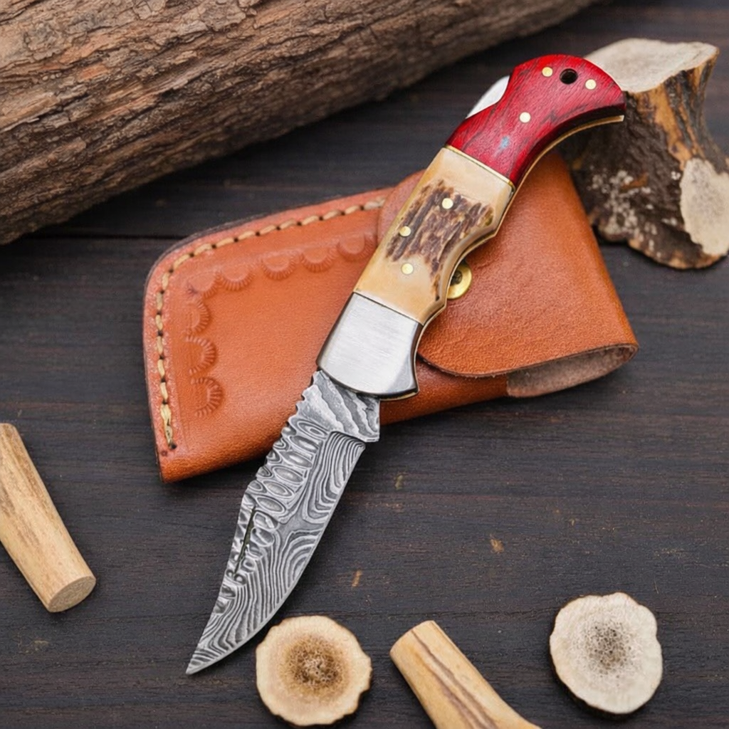 Handmade Damascus Steel Folding Pocket Knife Stag Horn Handle-Hunting Camping Knife