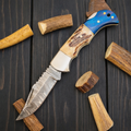 Handmade forged Damascus Steel Folding Pocket Knife EDC-Stag Horn Handle