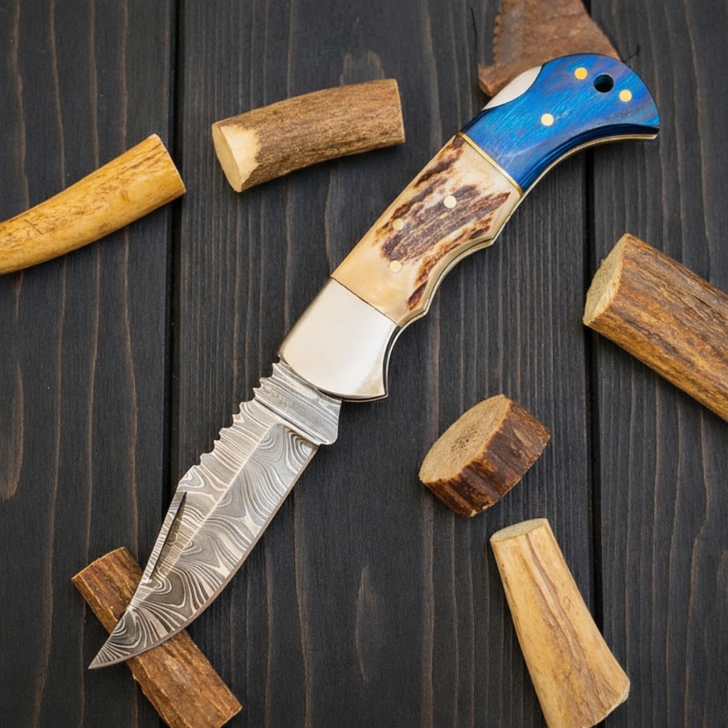 Handmade forged Damascus Steel Folding Pocket Knife EDC-Stag Horn Handle