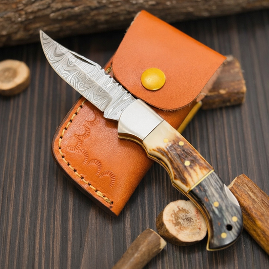 Handmade Forged Damascus Steel Folding Pocket Knife-Stag Horn & Pakka Wood Handle