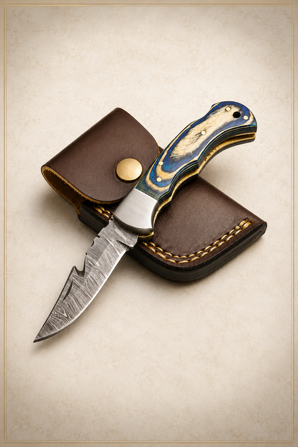 Handmade Damascus Gut Hook Pocket Knife – Camping Folding Blade with Pakka Wood Handle