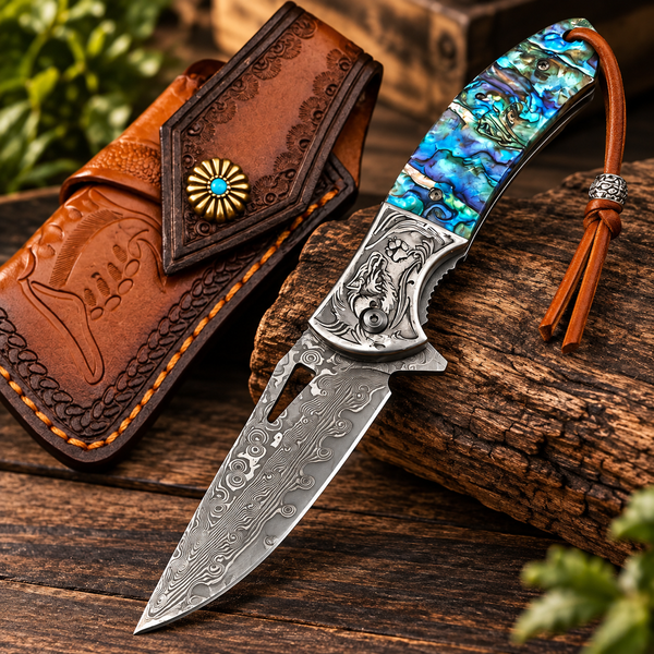 7.8" Damascus Steel EDC Folding Knife with Iridescent Abalone Shell Resin Handle | VG 10 Steel Blade