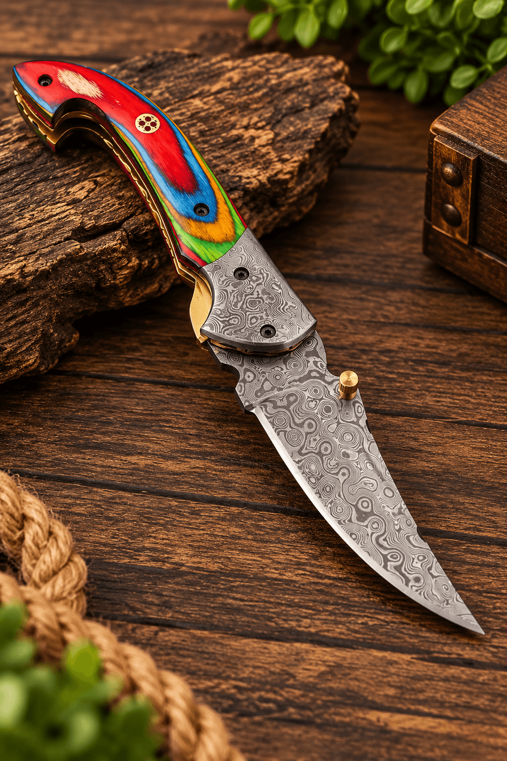 7" Handmade Damascus Pocket Knife-Damascus Bolster Folding Knife With MiltiColor Pakka Wood Handle