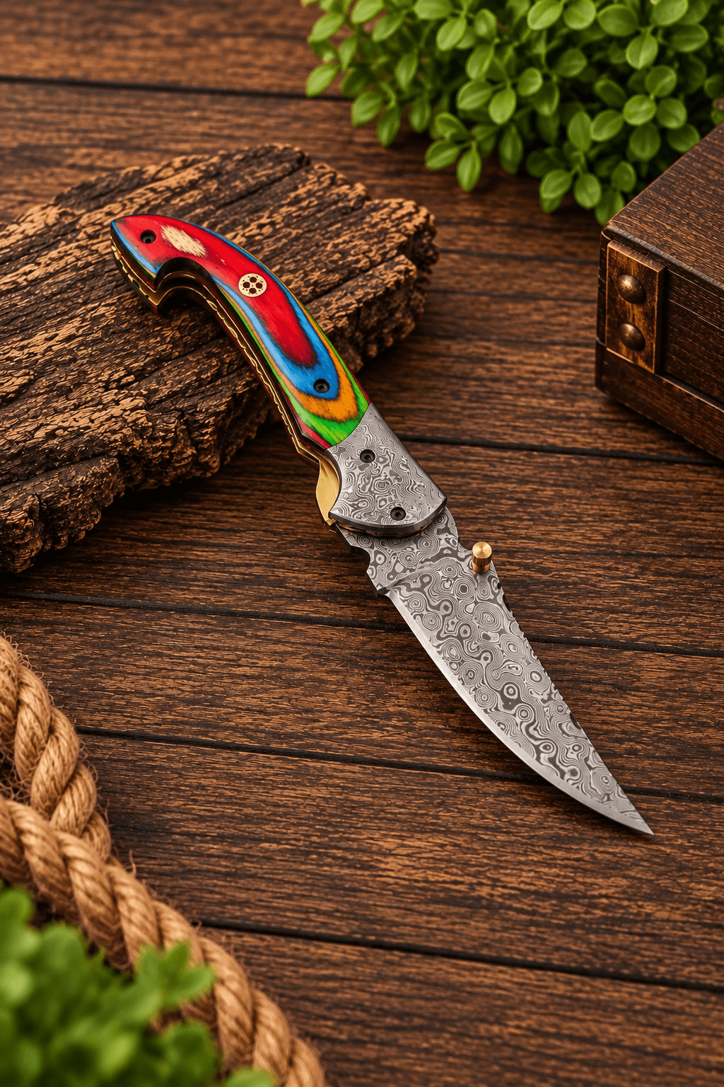 7" Handmade Damascus Pocket Knife-Damascus Bolster Folding Knife With MiltiColor Pakka Wood Handle