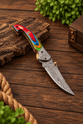 7" Handmade Damascus Pocket Knife-Damascus Bolster Folding Knife With MiltiColor Pakka Wood Handle