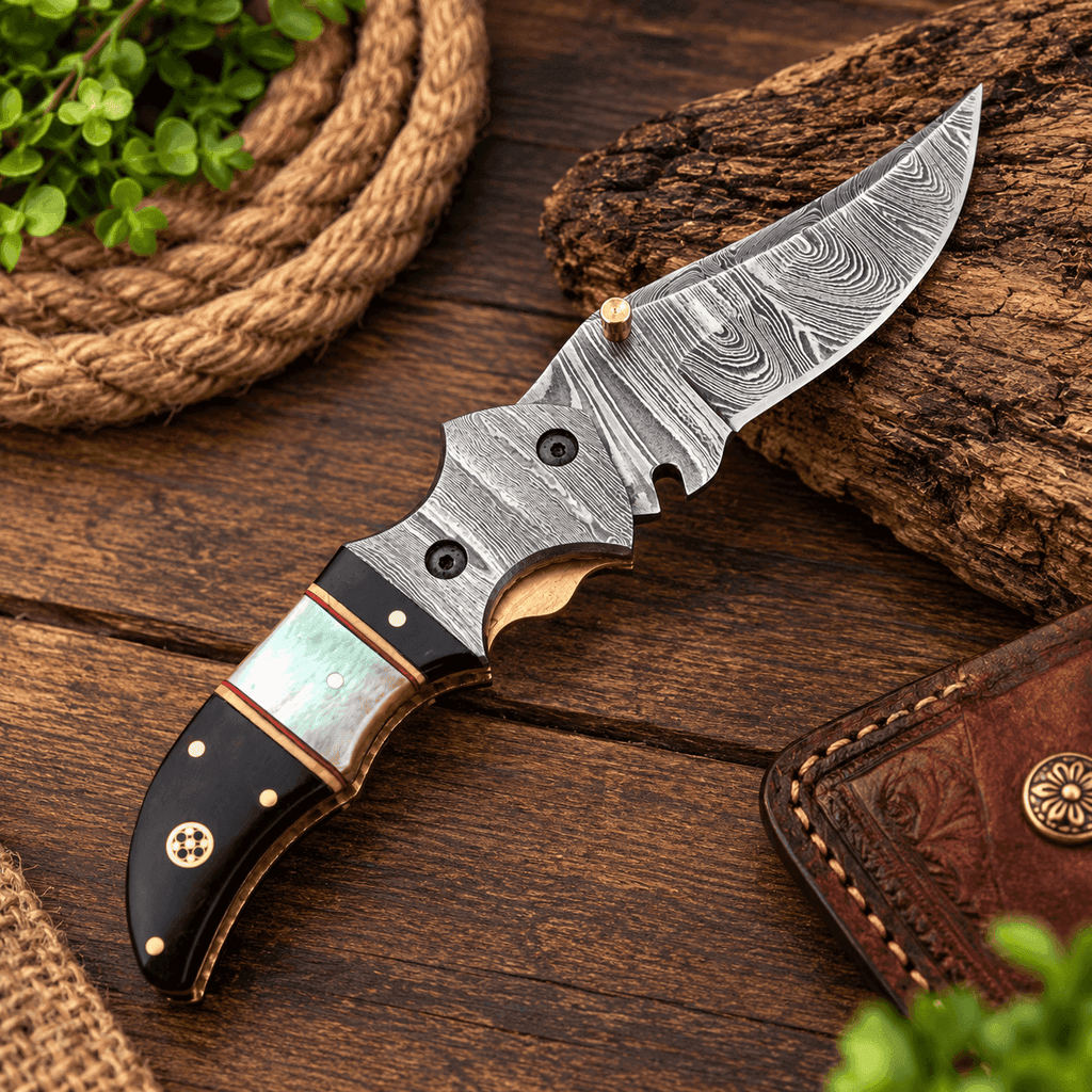 Damascus Steel Folding Pocket Knife - 7" Handmade Gift Knife with Horn & Pearl Handle - Camping Pocket Knife