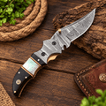 Damascus Steel Folding Pocket Knife - 7" Handmade Gift Knife with Horn & Pearl Handle - Camping Pocket Knife