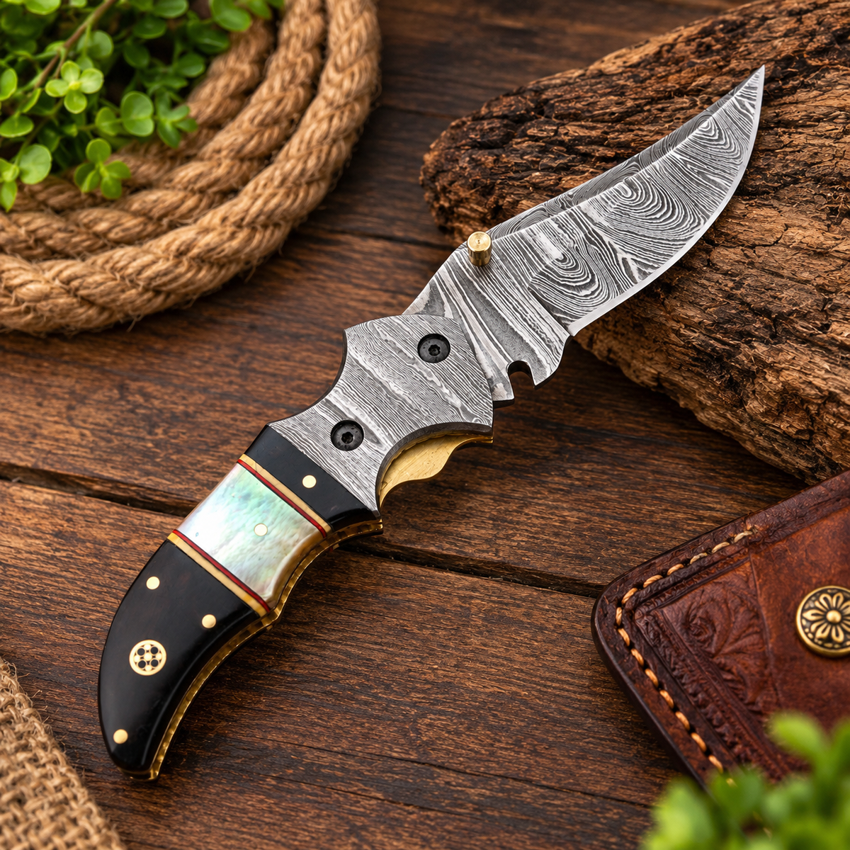 Damascus Steel Folding Pocket Knife - 7" Handmade Gift Knife with Horn & Pearl Handle - Camping Pocket Knife