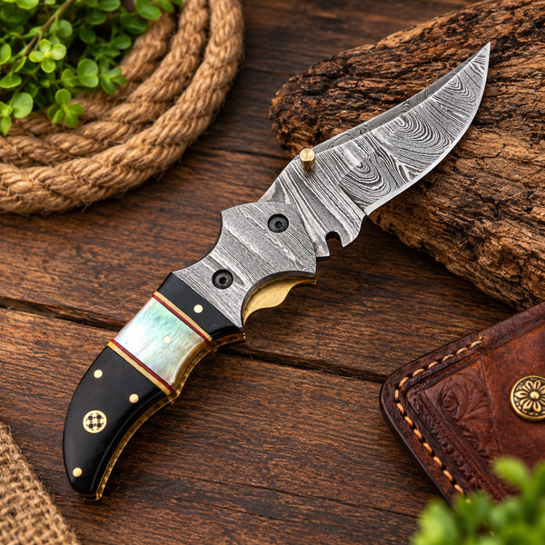 Damascus Steel Folding Pocket Knife - 7" Handmade Gift Knife with Horn & Pearl Handle - Camping Pocket Knife