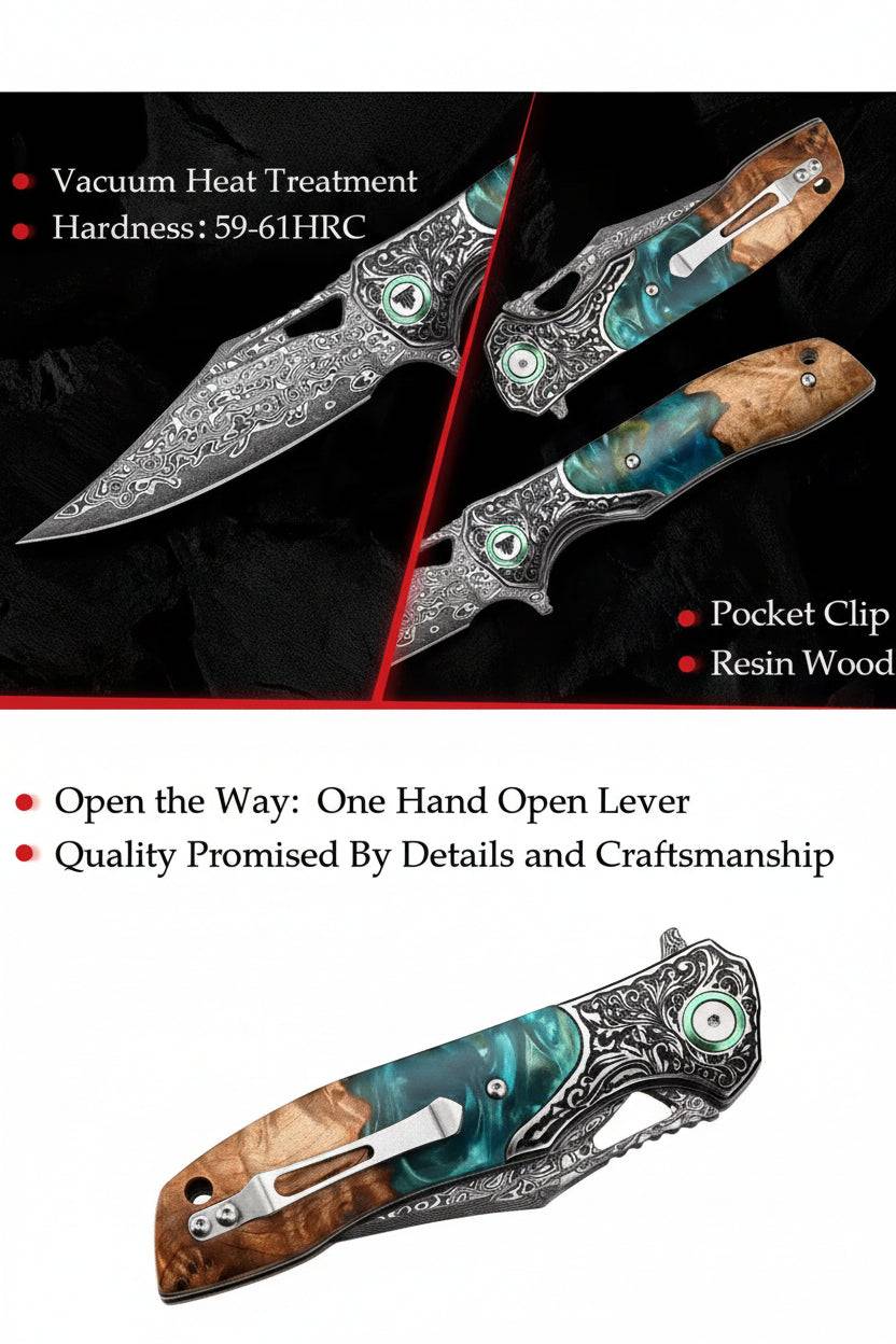 Best lockback Damascus Pocket Knife – Japanese Handmade Folding EDC Knife with Olive Burl Wood &amp; Resin Handle
