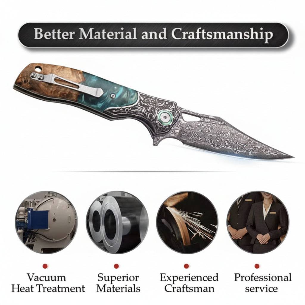 Best lockback Damascus Pocket Knife – Japanese Handmade Folding EDC Knife with Olive Burl Wood &amp; Resin Handle