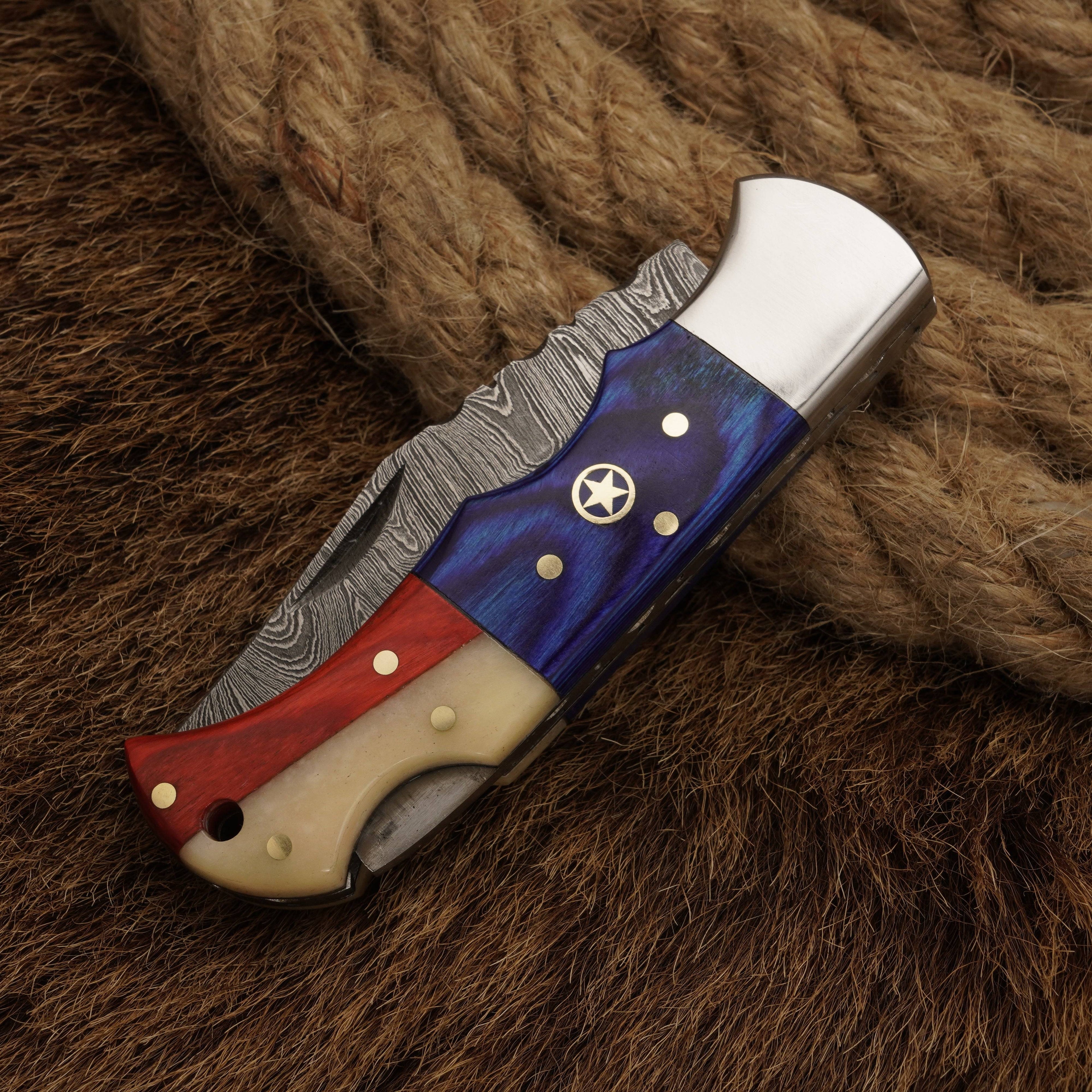 Damascus Steel Pocket Knife with Texas Flag Handle 