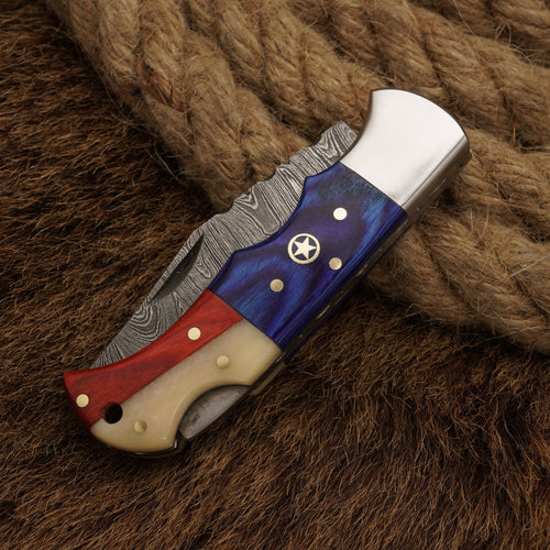 Damascus Steel Pocket Knife with Texas Flag Handle 