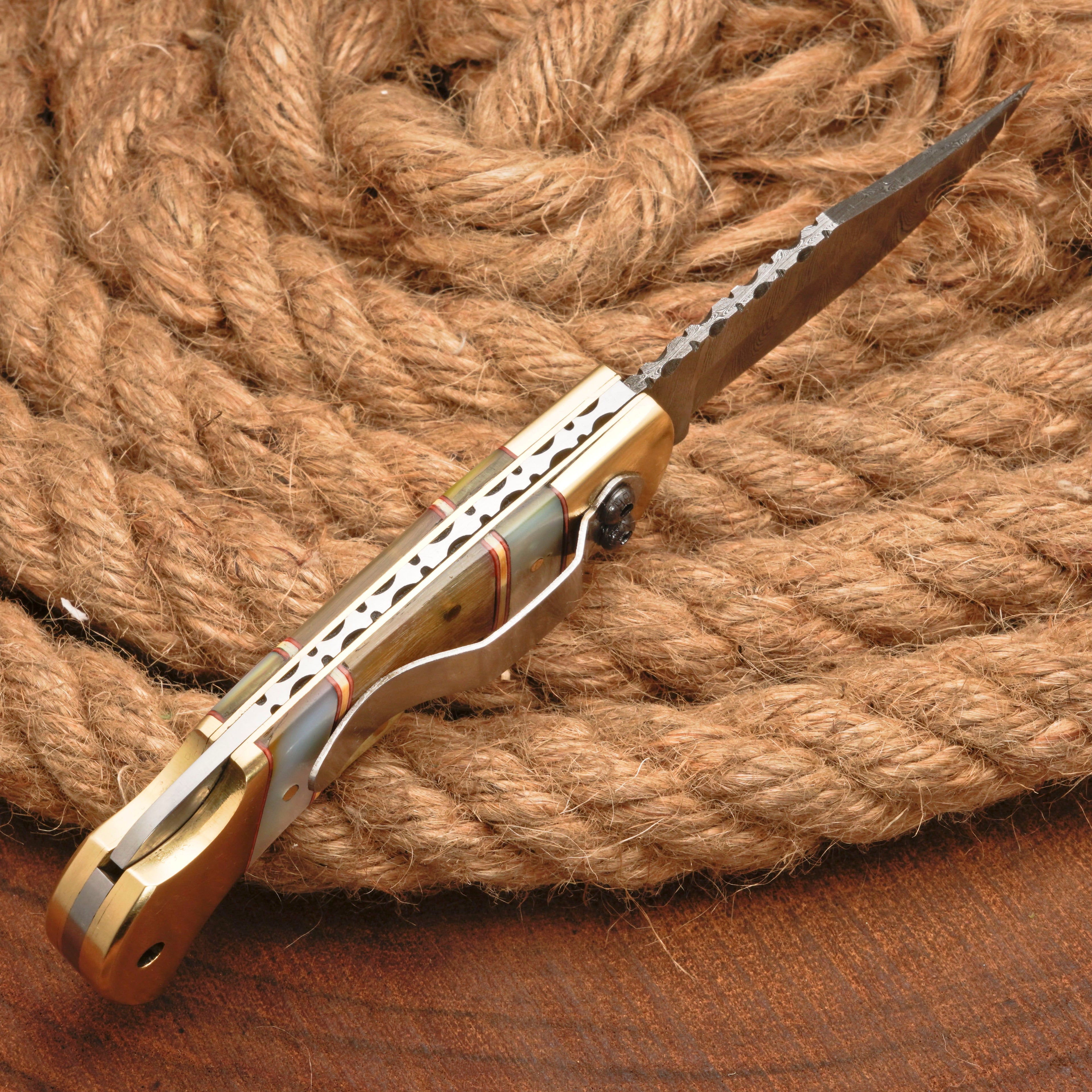 Handmade Damascus Steel Pocket Folding Knife With Real Pearl Bone And Pocket Clip