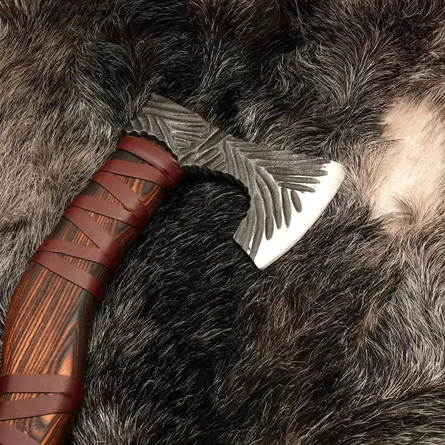 Viking Raider Axe - Handmade Royal Viking Axe with Ash Wood Handle & Leather Wrapping - Hunt Craft Knives