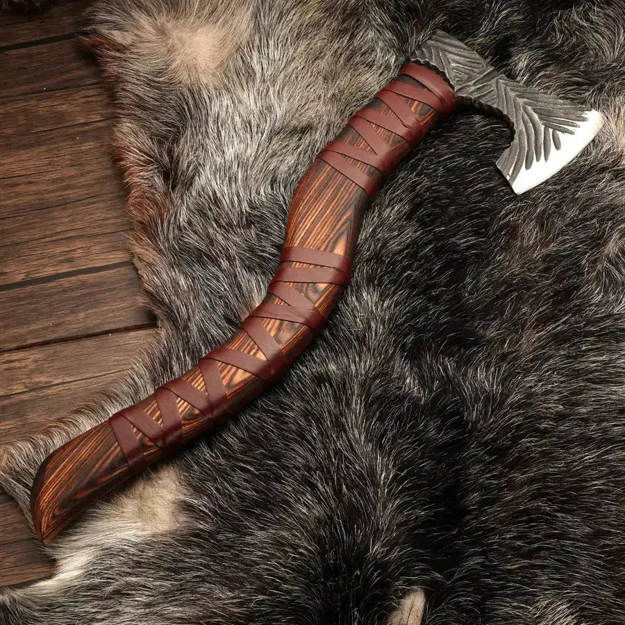 Viking Raider Axe - Handmade Royal Viking Axe with Ash Wood Handle & Leather Wrapping - Hunt Craft Knives